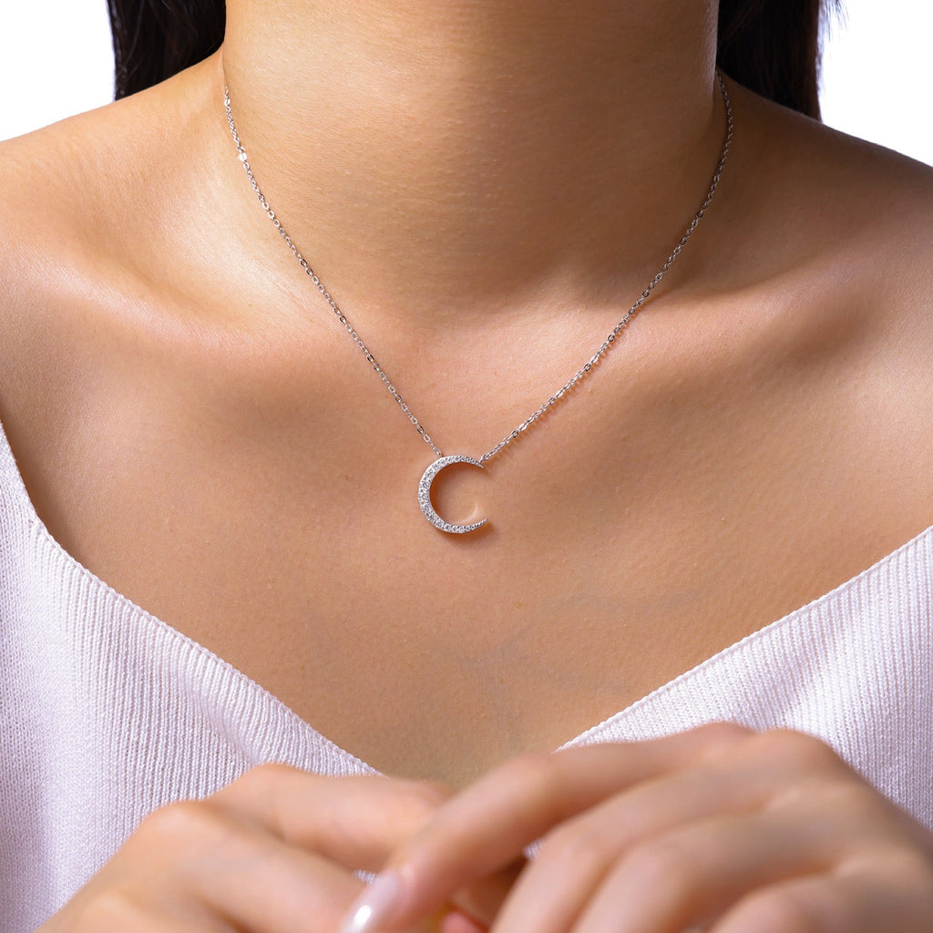 Crescent Moissanite Crescent Moon Pendant Necklace in Sterling Silver