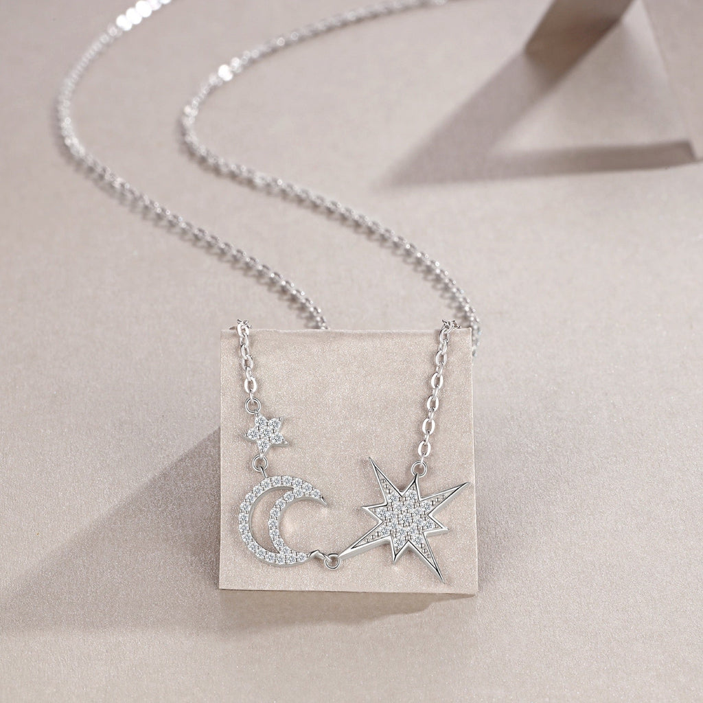 Nightfall Moissanite Moon and Star Necklace in Sterling Silver