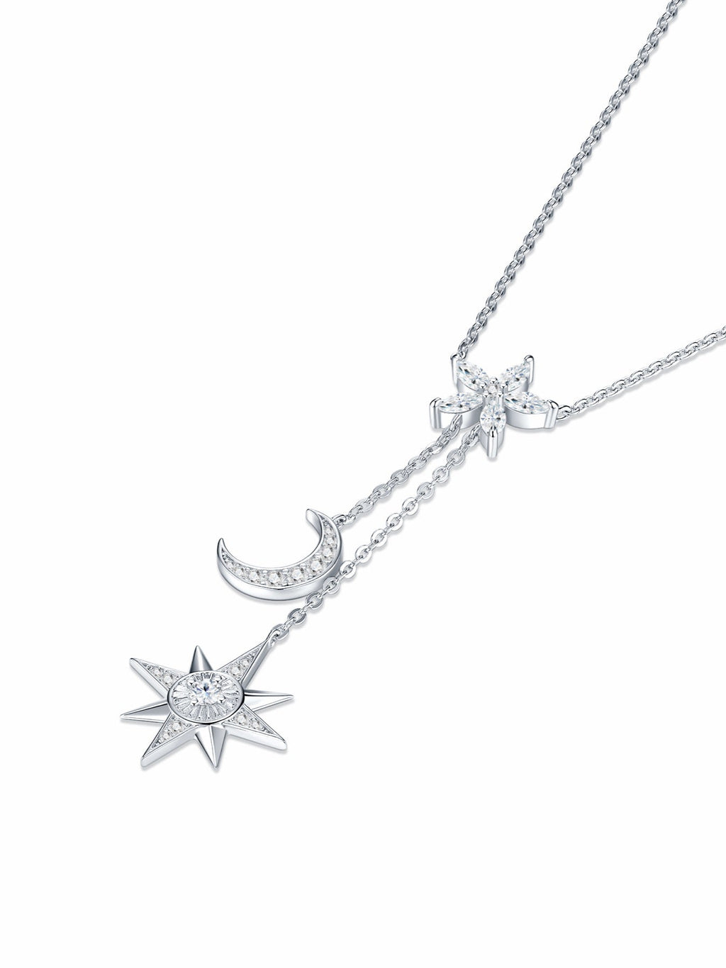 Cosmos Moissanite Celestial Lariat Necklace in Sterling Silver