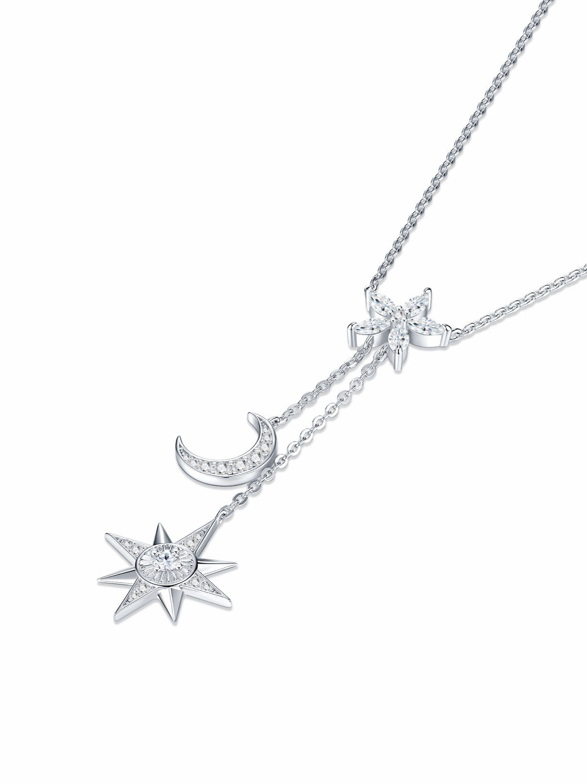 Cosmos Moissanite Celestial Lariat Necklace in Sterling Silver