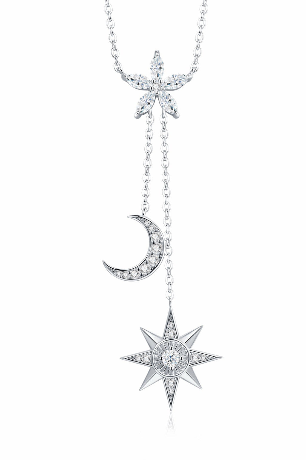 Cosmos Moissanite Celestial Lariat Necklace in Sterling Silver