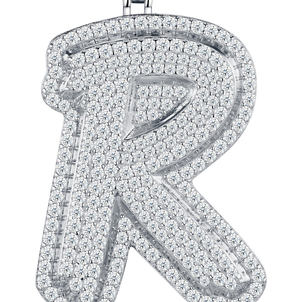 Initial R Moissanite Iced Bubble Pendant Necklace in Sterling Silver