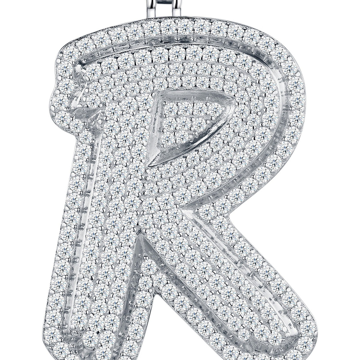 Initial R Moissanite Iced Bubble Pendant Necklace in Sterling Silver