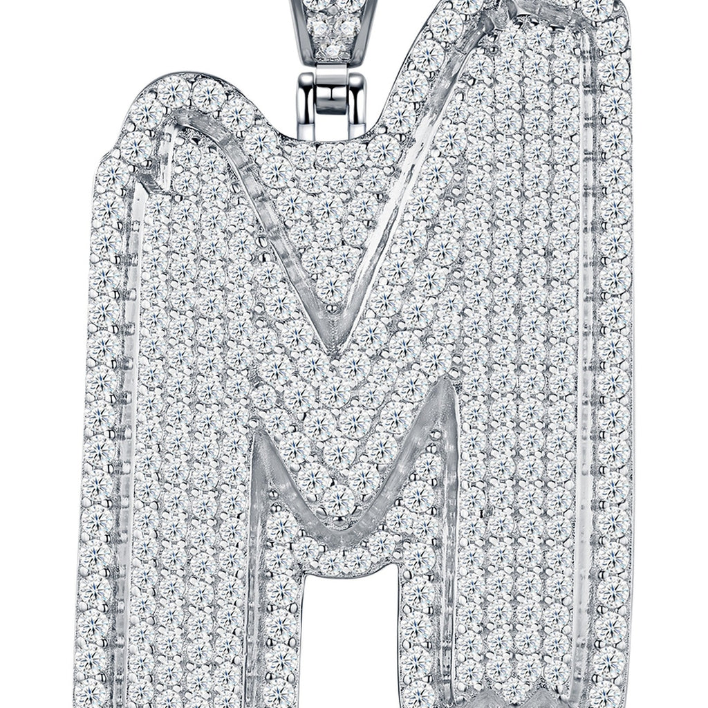 Initial M Moissanite Iced Bubble Pendant Necklace in Sterling Silver