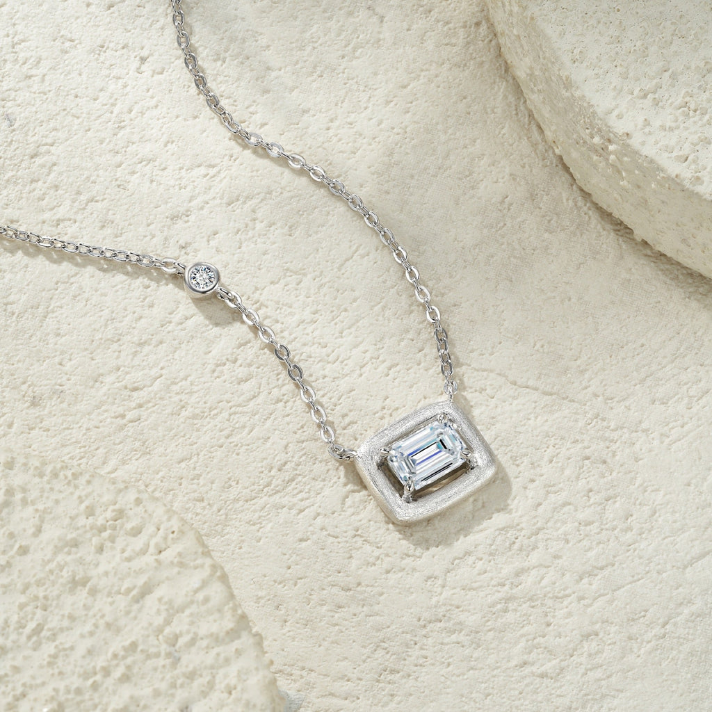 Slate Moissanite Emerald-Cut Bezel Necklace in Sterling Silver