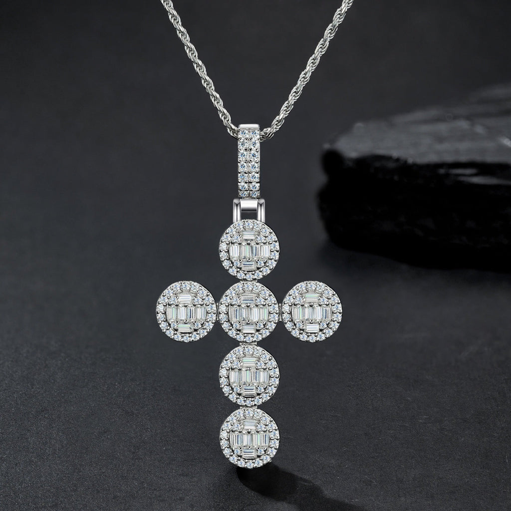 Rosette Moissanite Cross Necklace in Sterling Silver