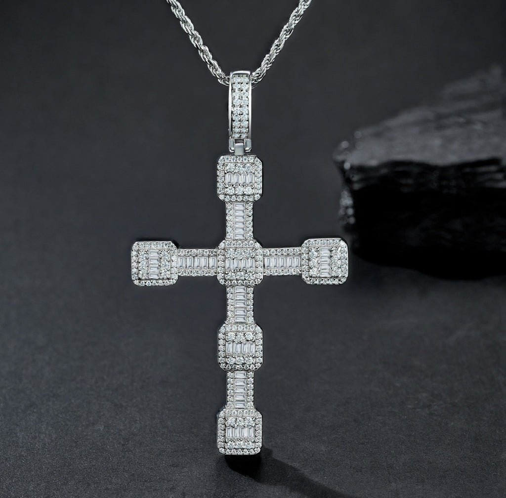 Pillar Moissanite Cross Necklace in Sterling Silver