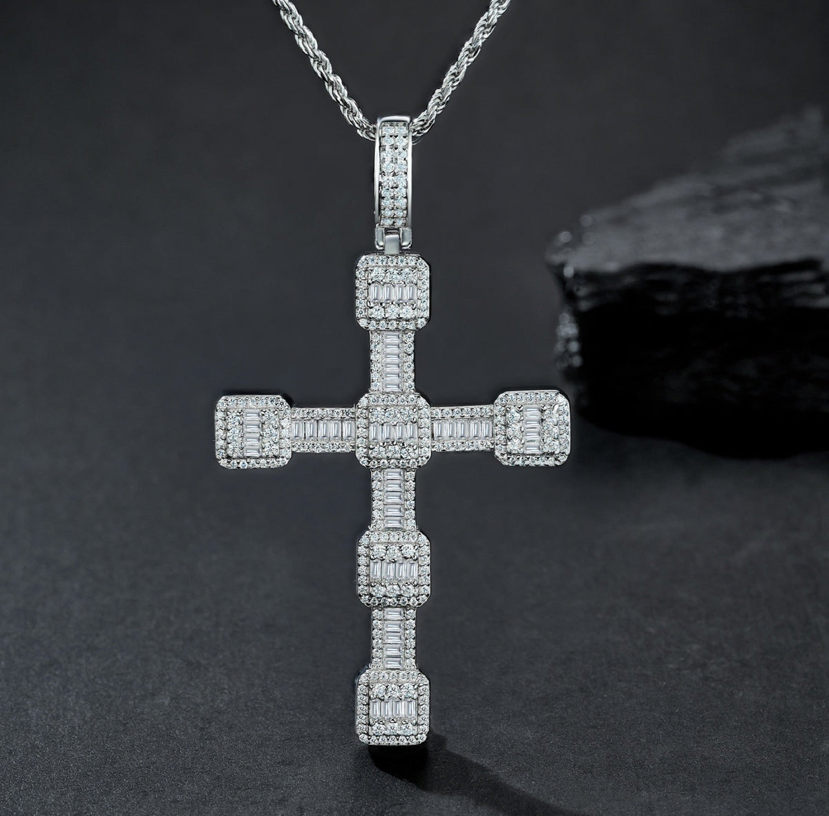 Pillar Moissanite Cross Necklace in Sterling Silver