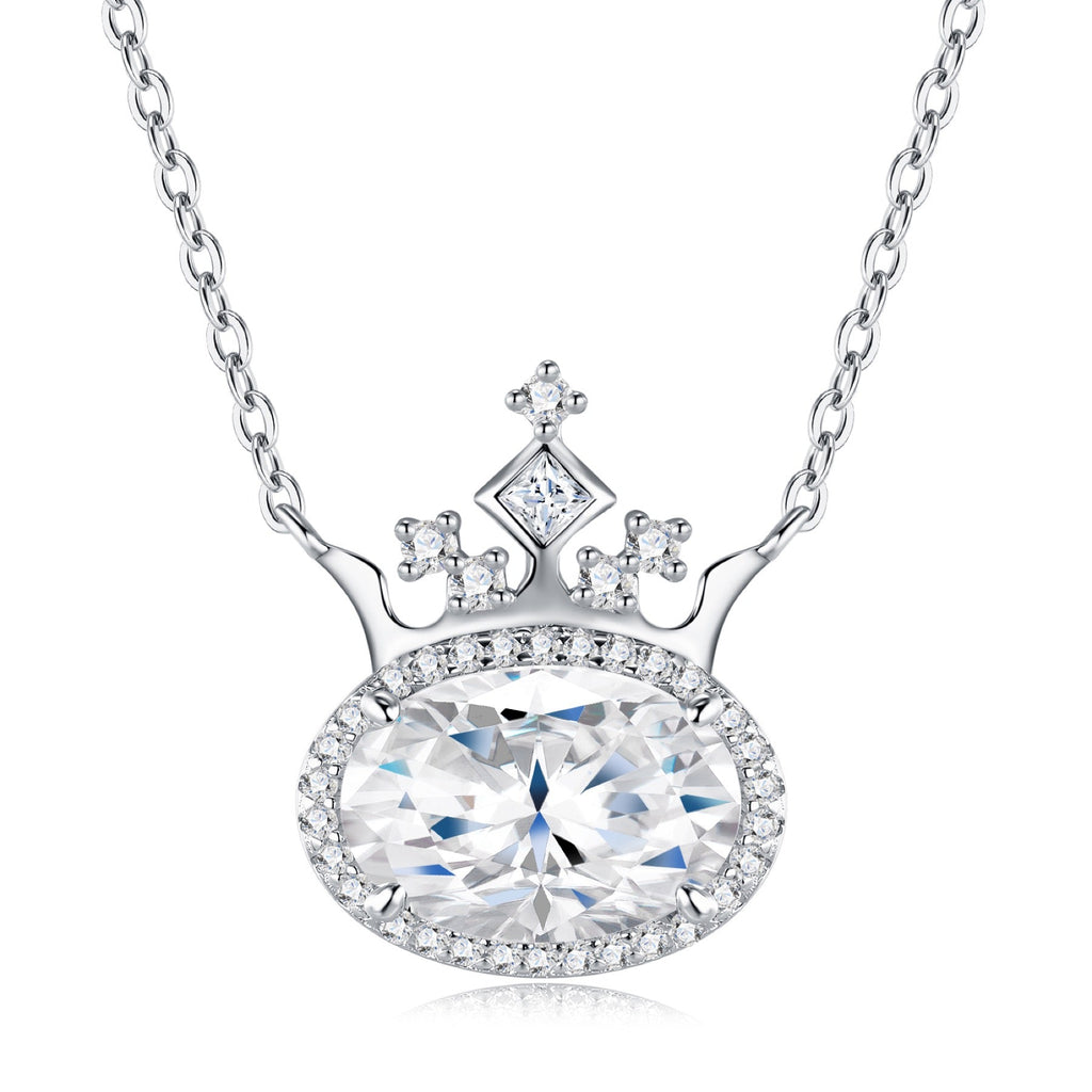 Regina Moissanite Crowned Oval Halo Necklace in Sterling Silver