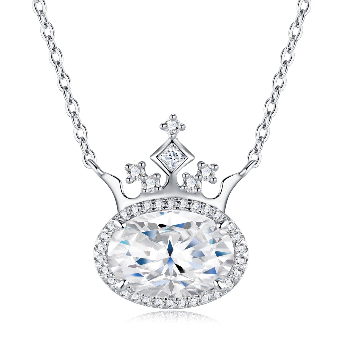 Regina Moissanite Crowned Oval Halo Necklace in Sterling Silver