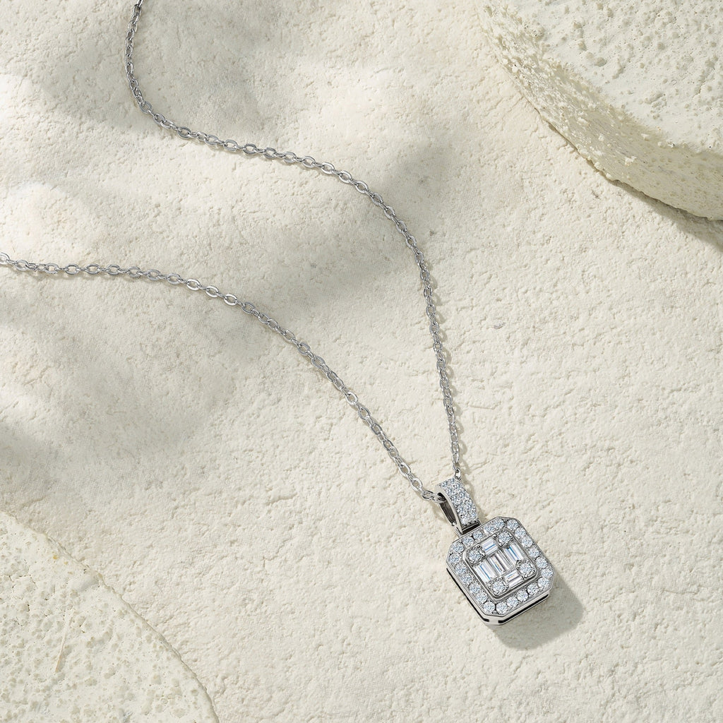 Ingot Moissanite Baguette Cluster Pendant Necklace in Sterling Silver