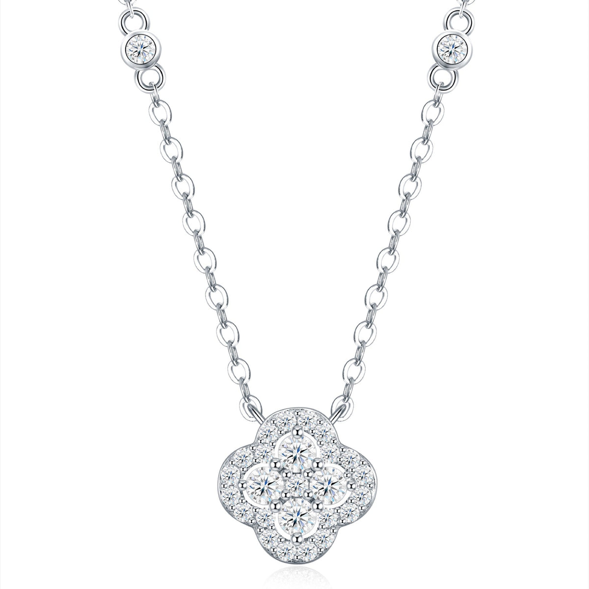 Lucky Moissanite Clover Pendant Necklace in Sterling Silver