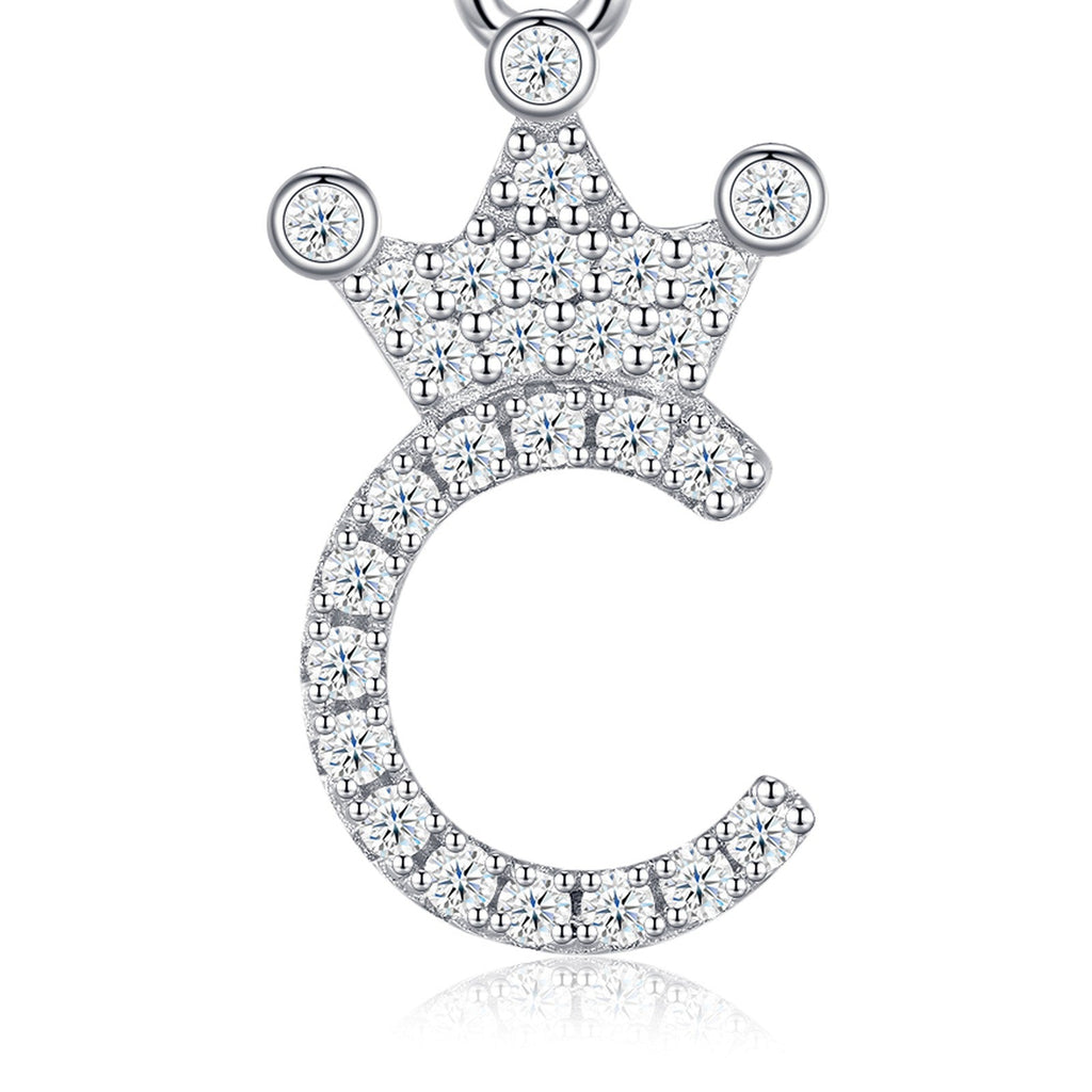 Dainty Initial C Moissanite Crown Pendant Necklace in Sterling Silver