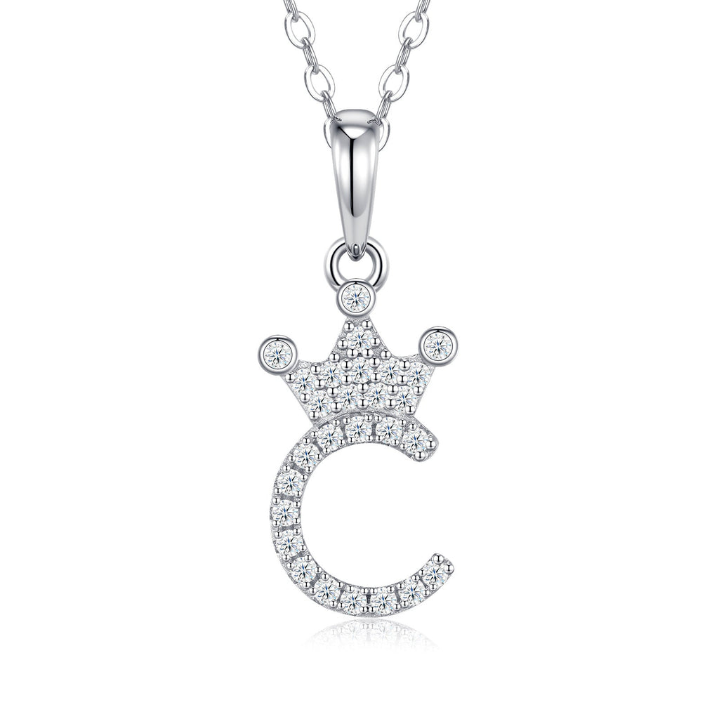 Dainty Initial C Moissanite Crown Pendant Necklace in Sterling Silver