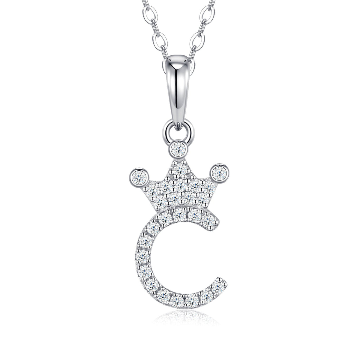 Dainty Initial C Moissanite Crown Pendant Necklace in Sterling Silver