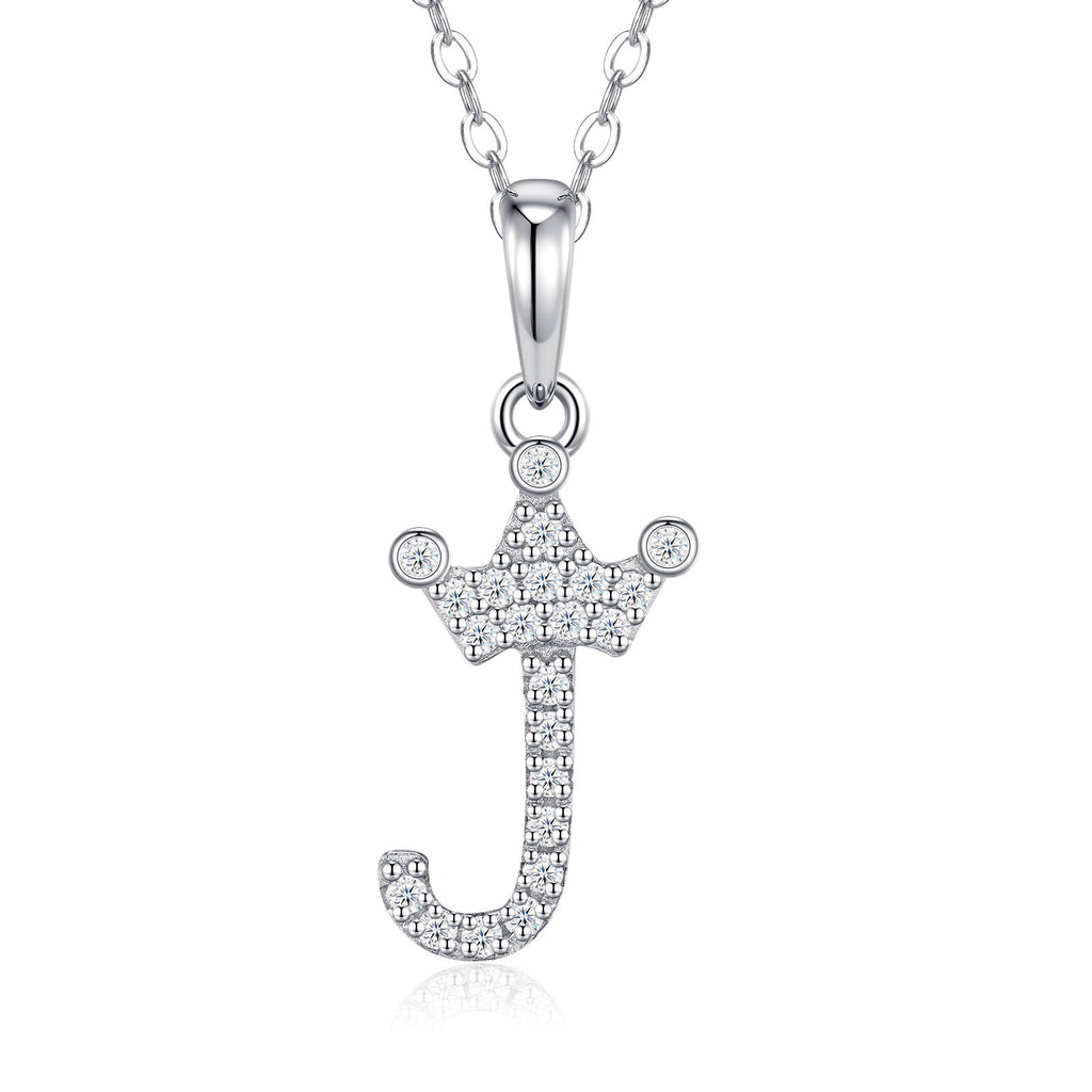 Dainty Initial J Moissanite Crown Pendant Necklace in Sterling Silver