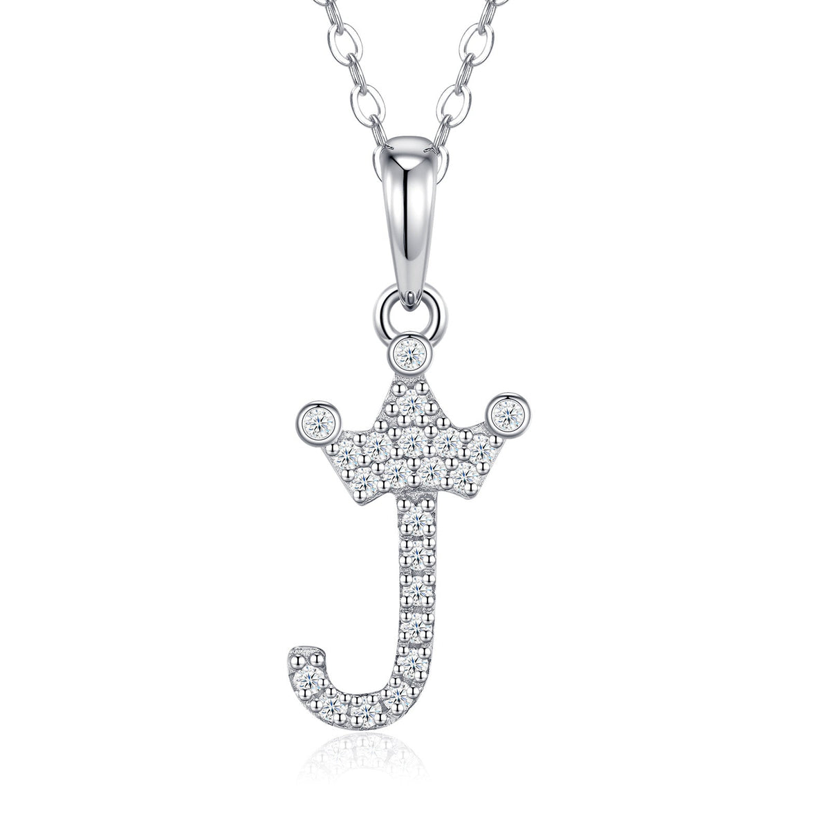 Dainty Initial J Moissanite Crown Pendant Necklace in Sterling Silver
