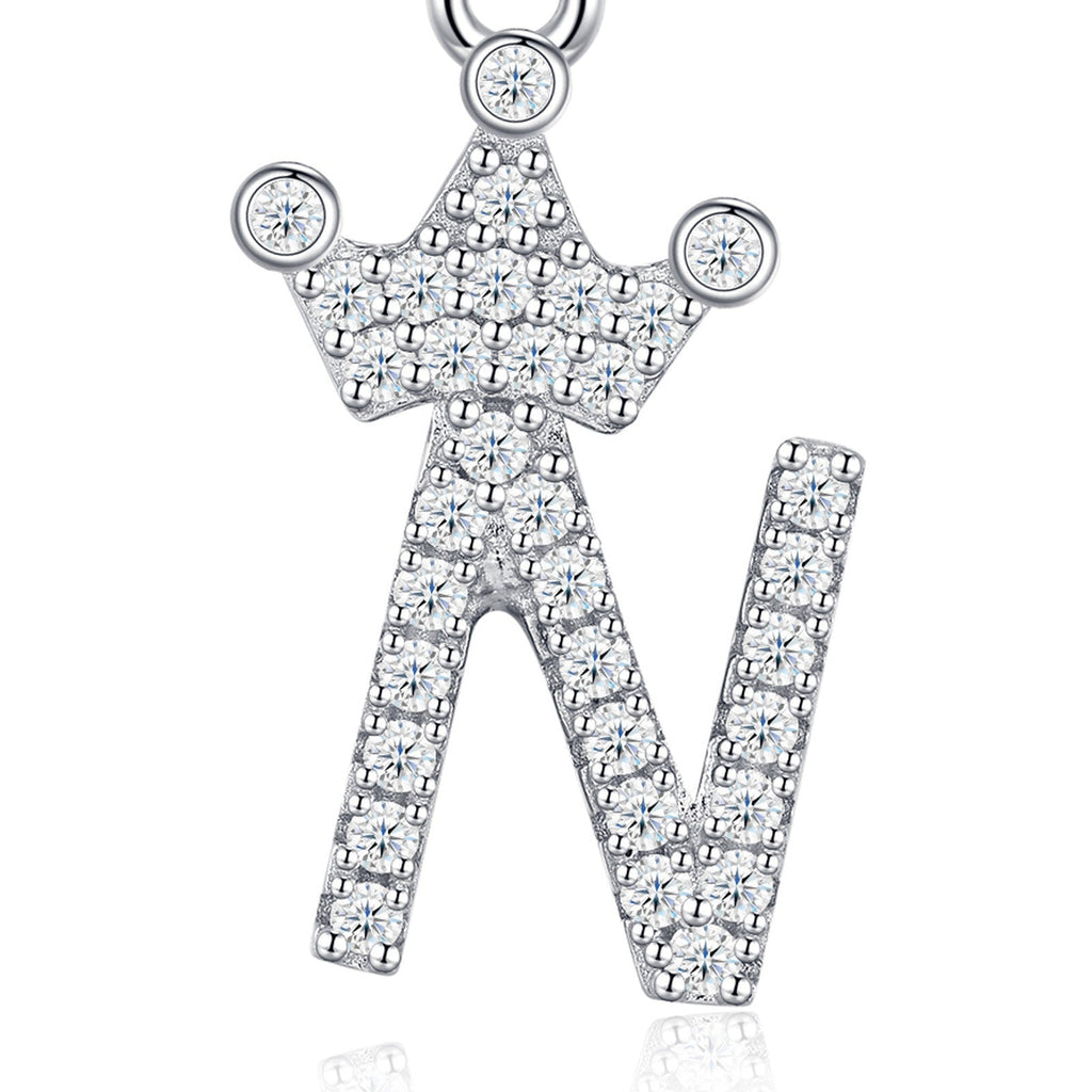 Dainty Initial N Moissanite Crown Pendant Necklace in Sterling Silver
