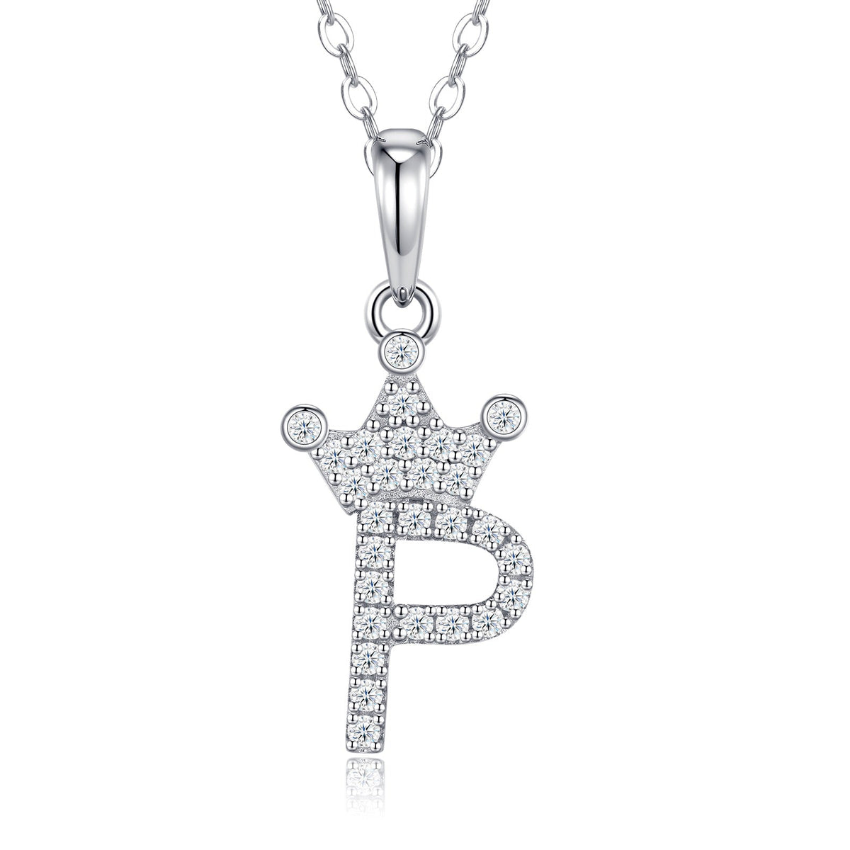 Dainty Initial P Moissanite Crown Pendant Necklace in Sterling Silver