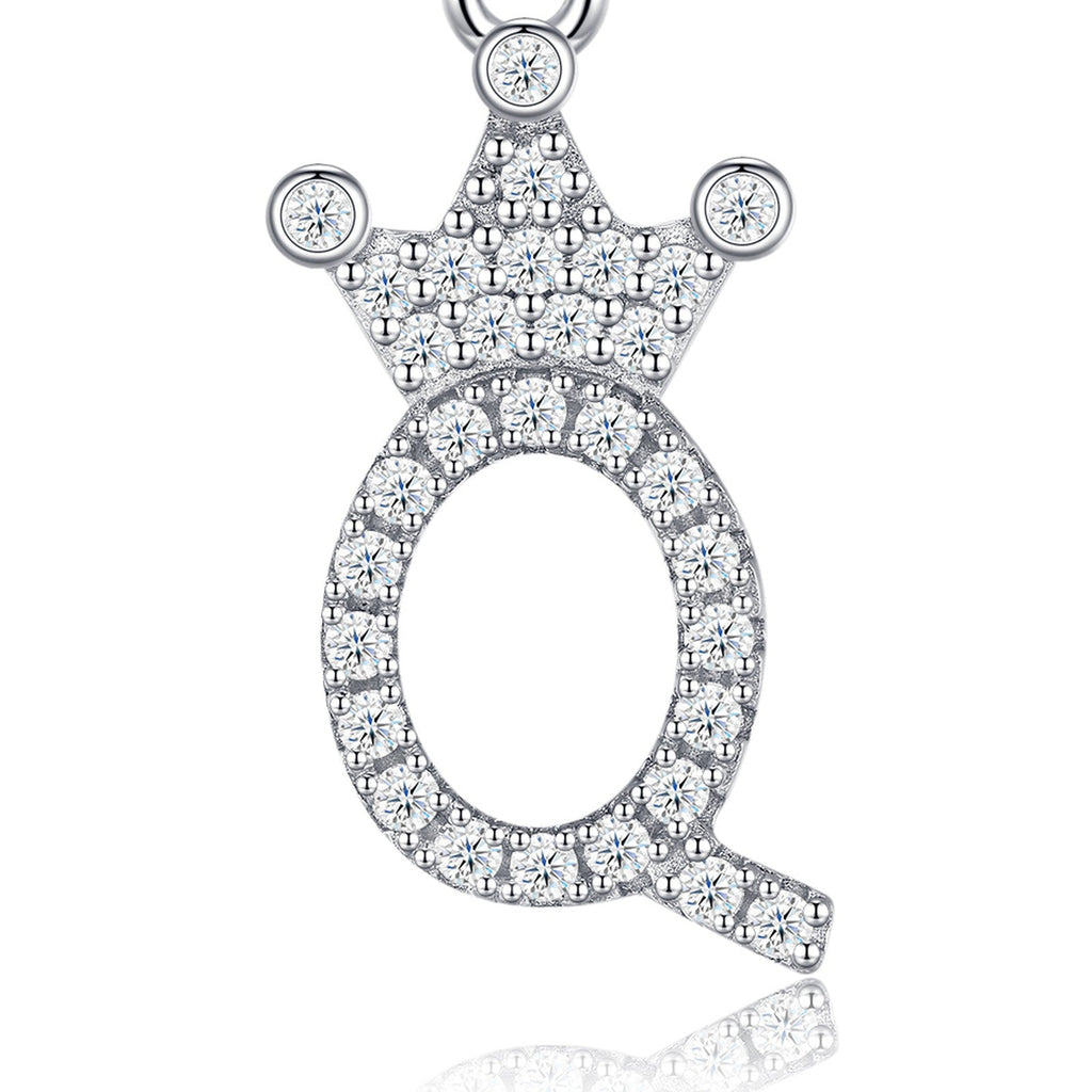 Dainty Initial Q Moissanite Crown Pendant Necklace in Sterling Silver