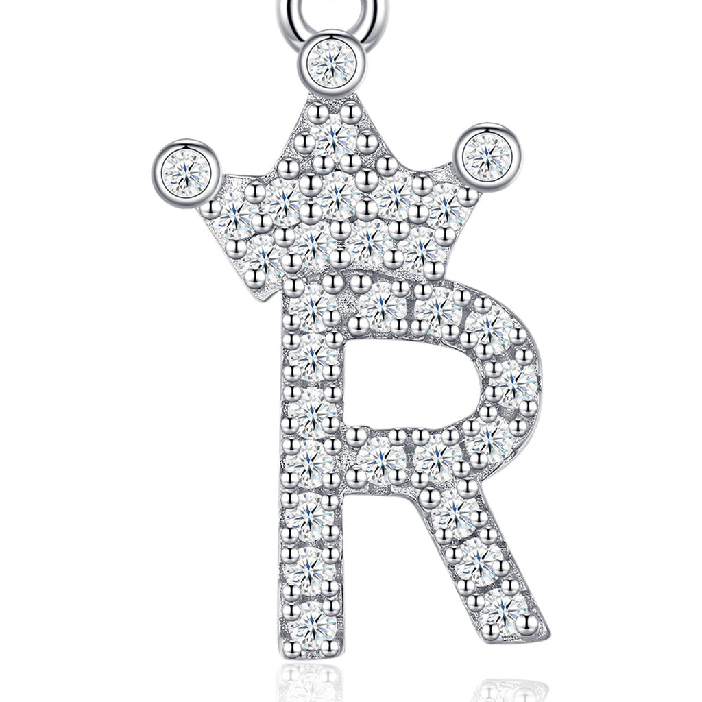 Dainty Initial R Moissanite Crown Pendant Necklace in Sterling Silver