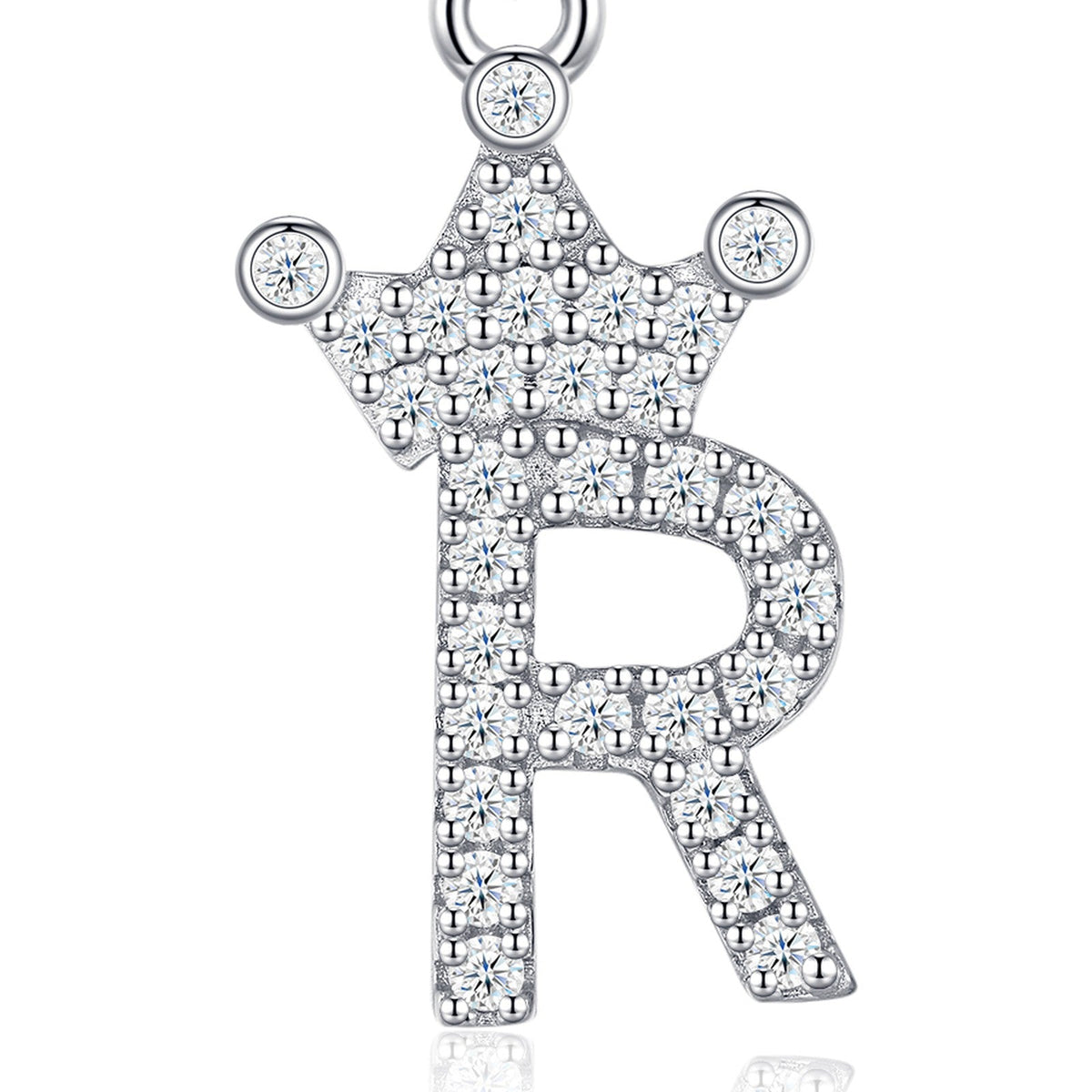 Dainty Initial R Moissanite Crown Pendant Necklace in Sterling Silver
