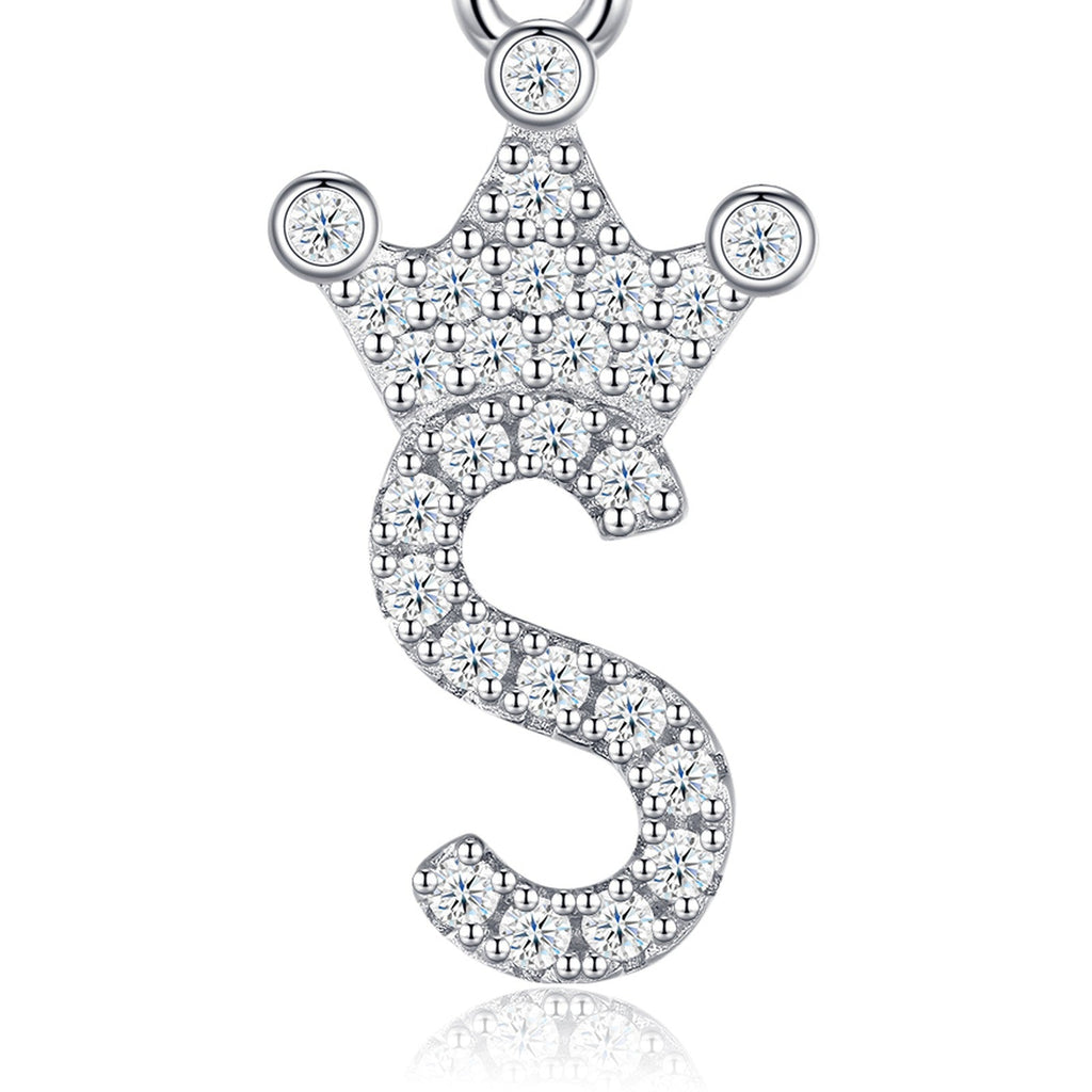 Dainty Initial S Moissanite Crown Pendant Necklace in Sterling Silver
