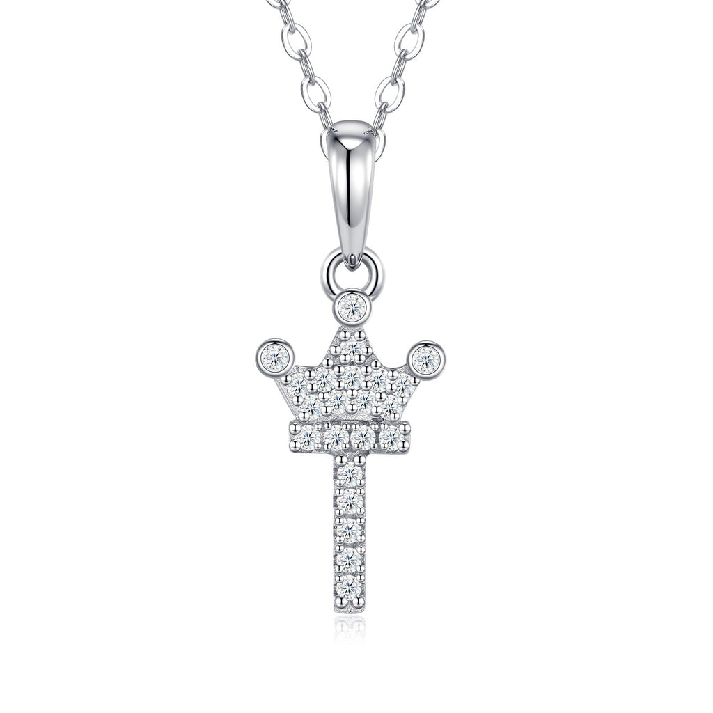 Dainty Initial T Moissanite Crown Pendant Necklace in Sterling Silver