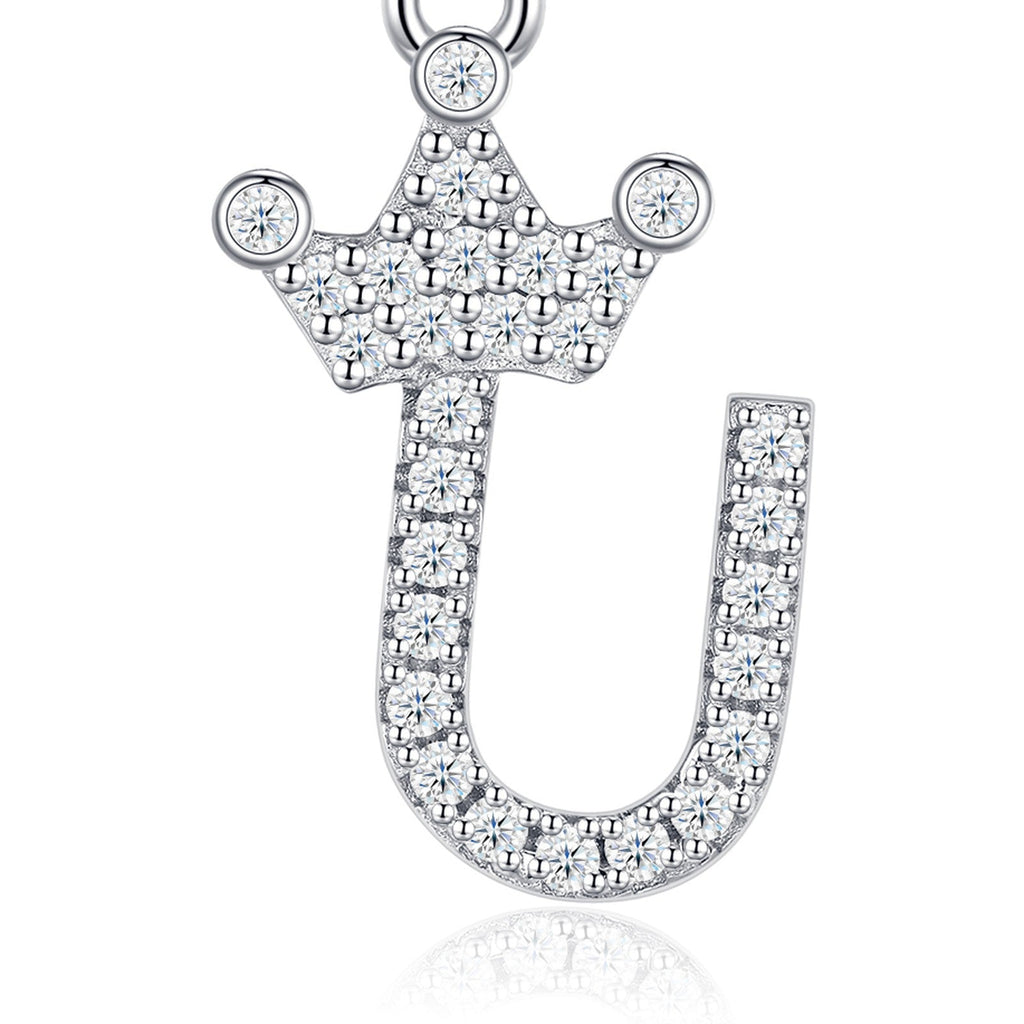 Dainty Initial U Moissanite Crown Pendant Necklace in Sterling Silver