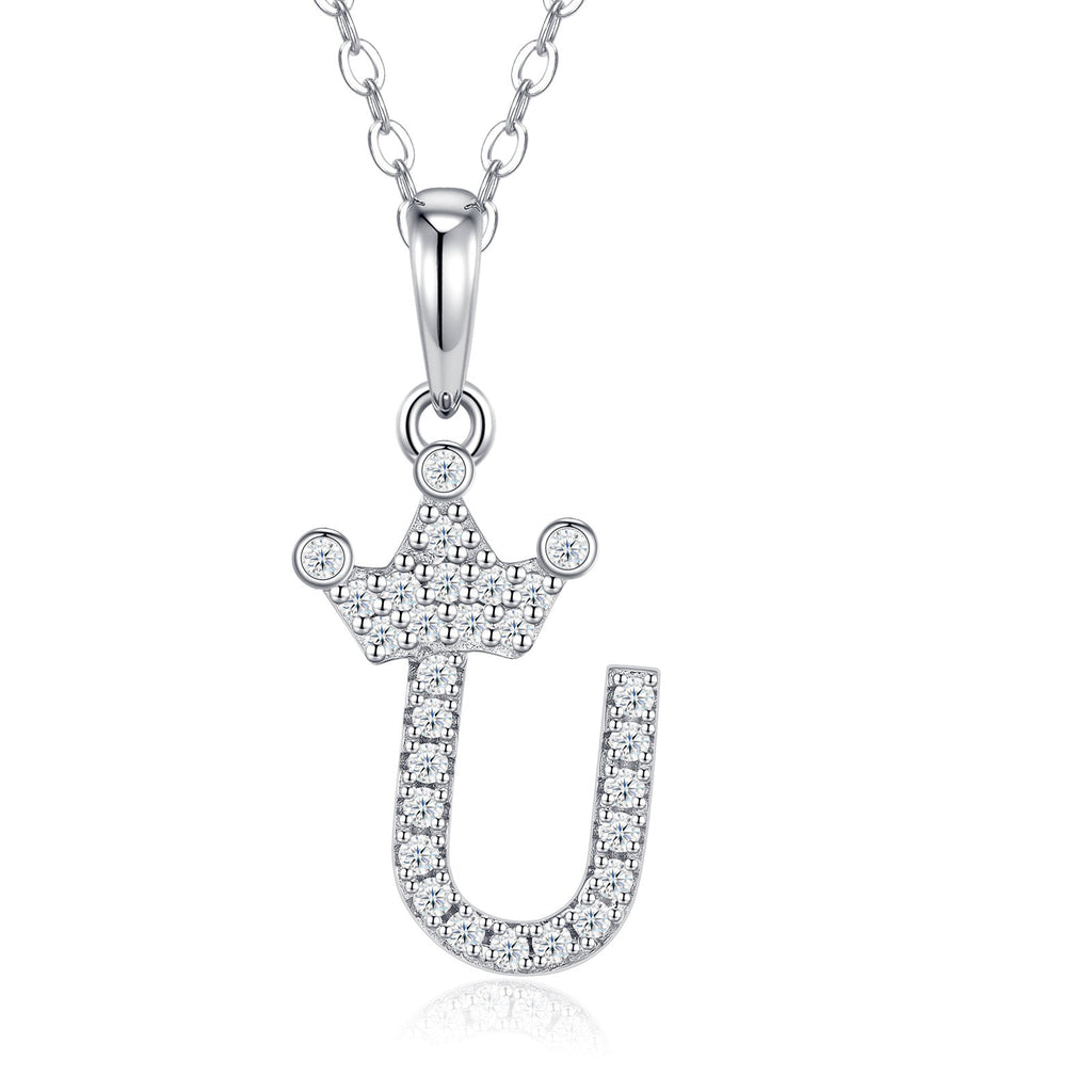 Dainty Initial U Moissanite Crown Pendant Necklace in Sterling Silver