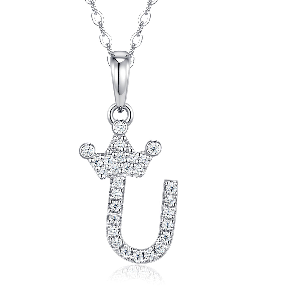 Dainty Initial U Moissanite Crown Pendant Necklace in Sterling Silver