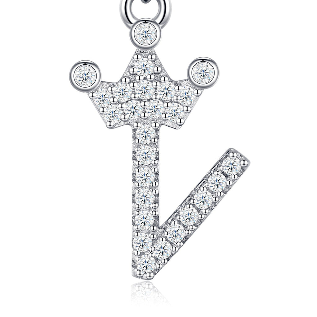 Dainty Initial V Moissanite Crown Pendant Necklace in Sterling Silver