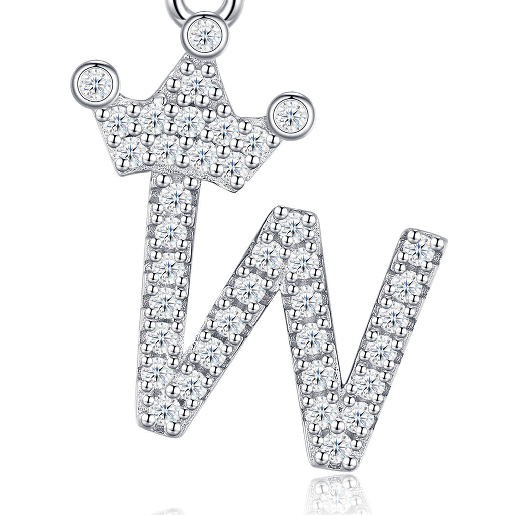 Dainty Initial W Moissanite Crown Pendant Necklace in Sterling Silver