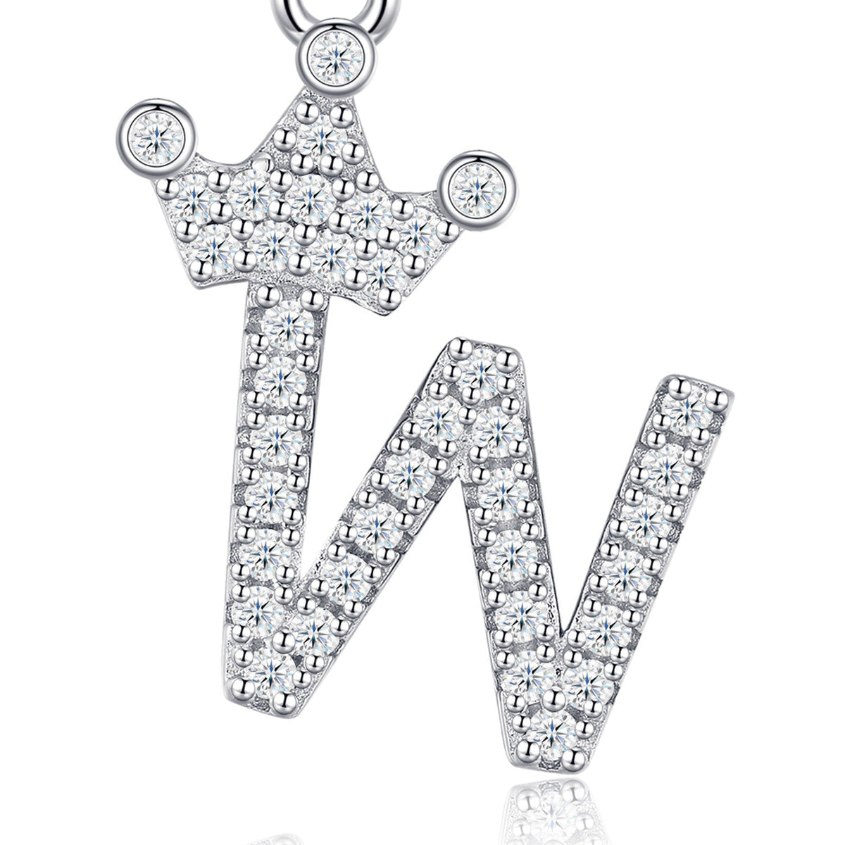 Dainty Initial W Moissanite Crown Pendant Necklace in Sterling Silver
