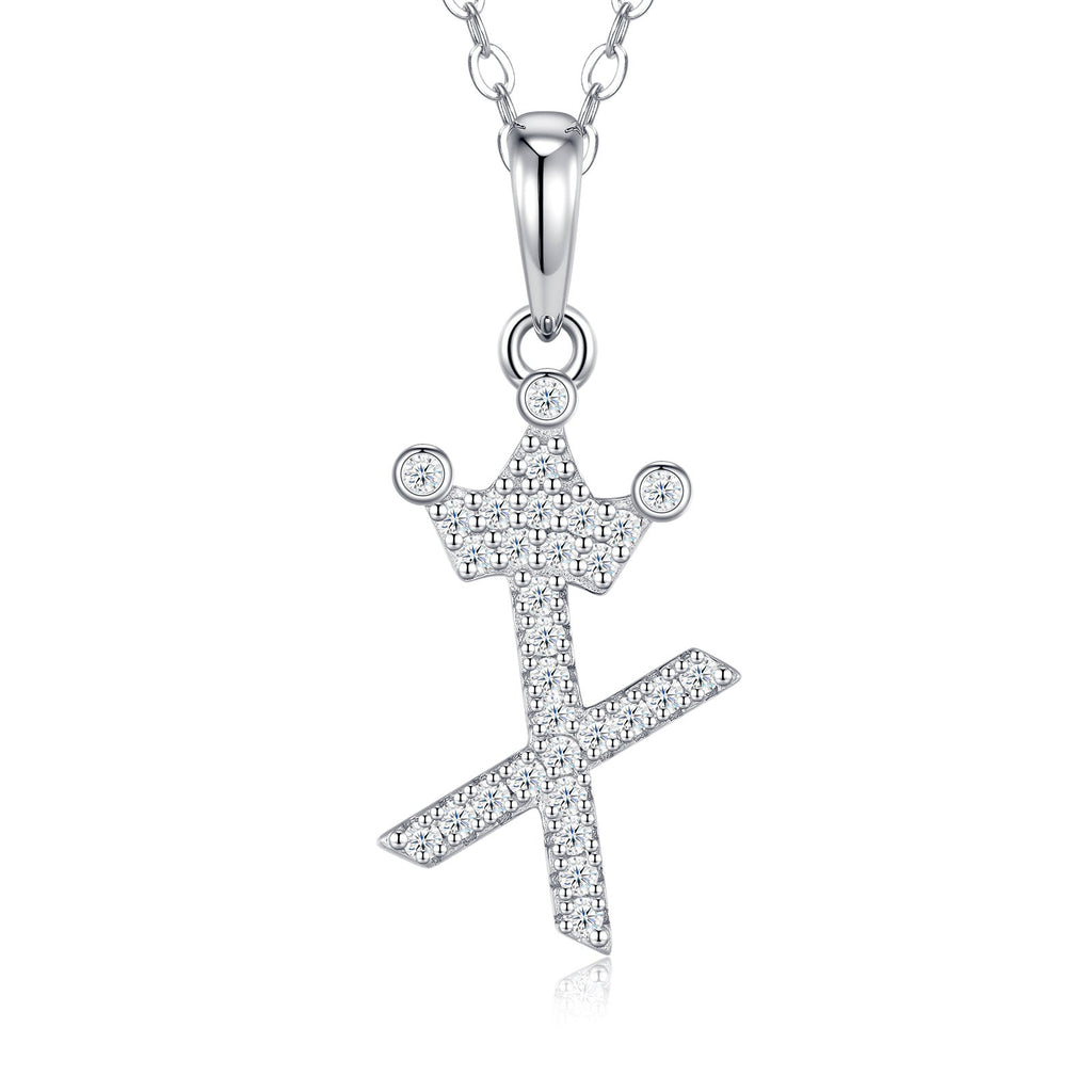 Dainty Initial X Moissanite Crown Pendant Necklace in Sterling Silver