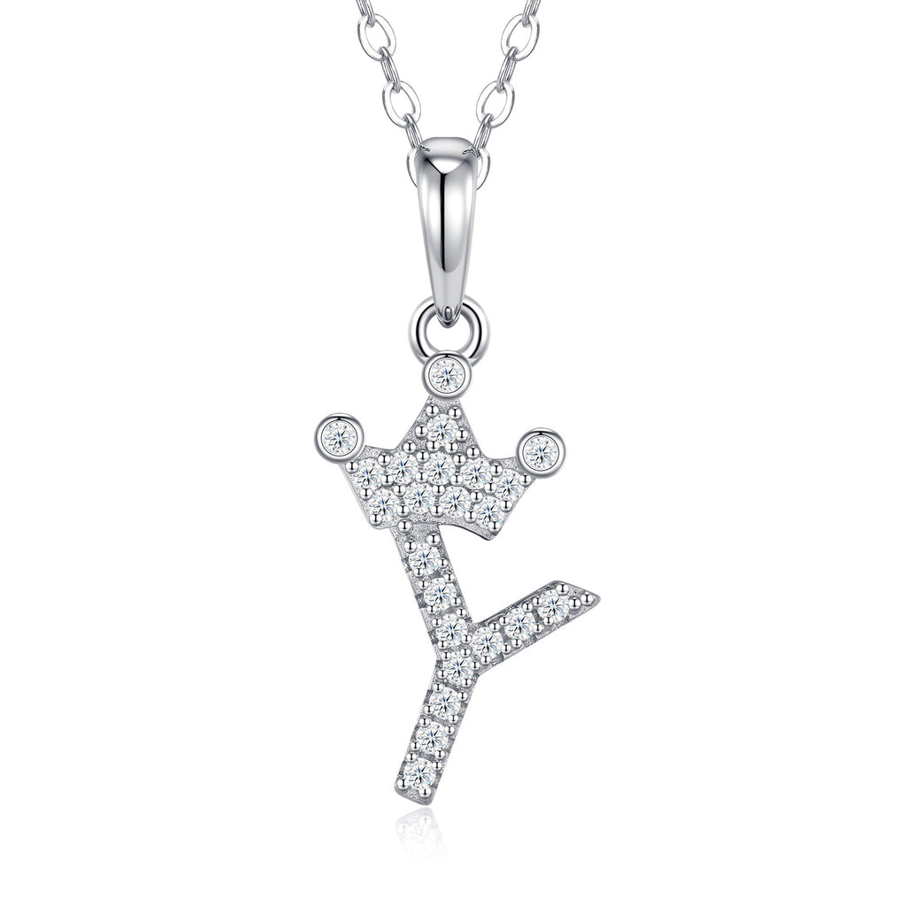 Dainty Initial Y Moissanite Crown Pendant Necklace in Sterling Silver