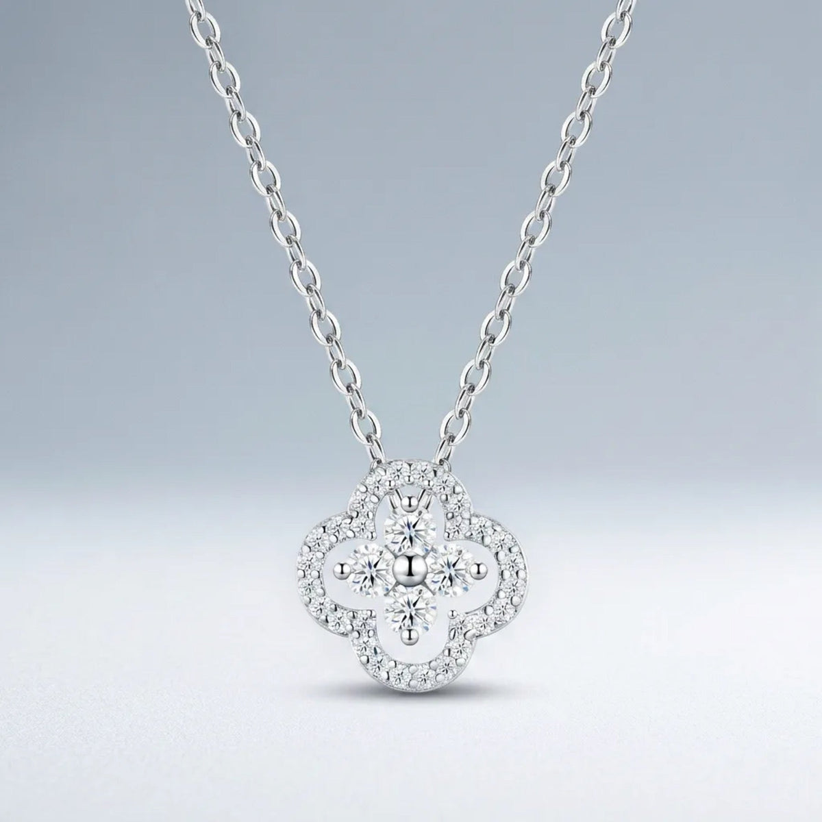 Fleurette Moissanite Clover Pendant Necklace in Sterling Silver