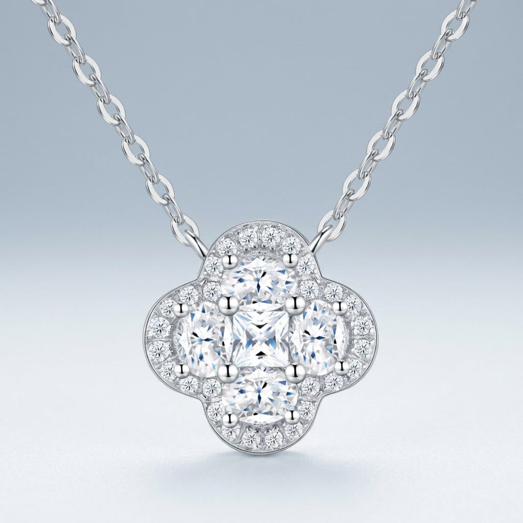 Verbena Moissanite Clover Pendant Necklace in Sterling Silver