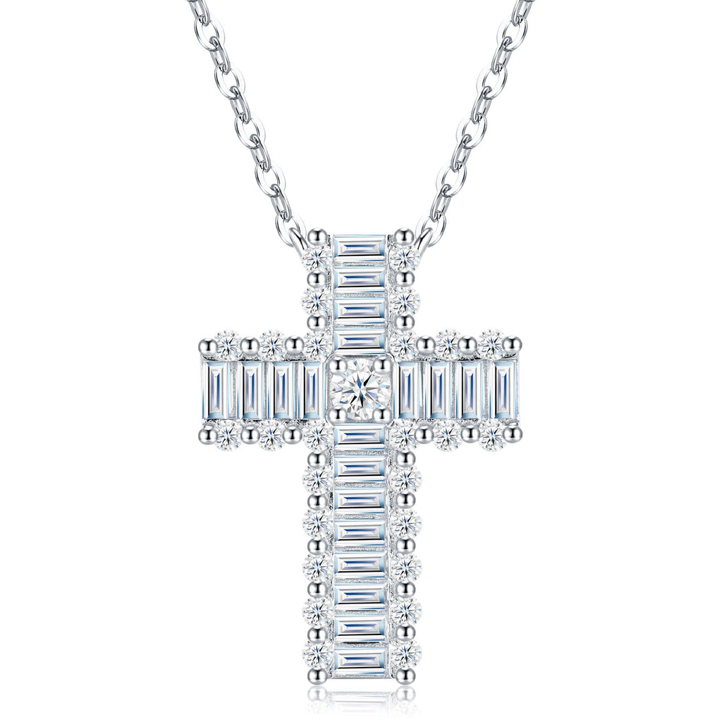 Obelisk Moissanite Cross Necklace in Sterling Silver