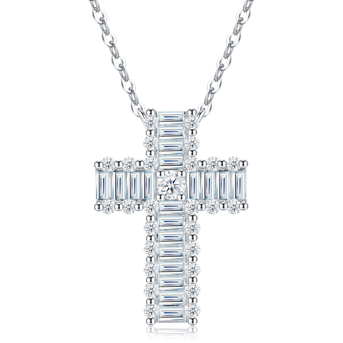 Obelisk Moissanite Cross Necklace in Sterling Silver