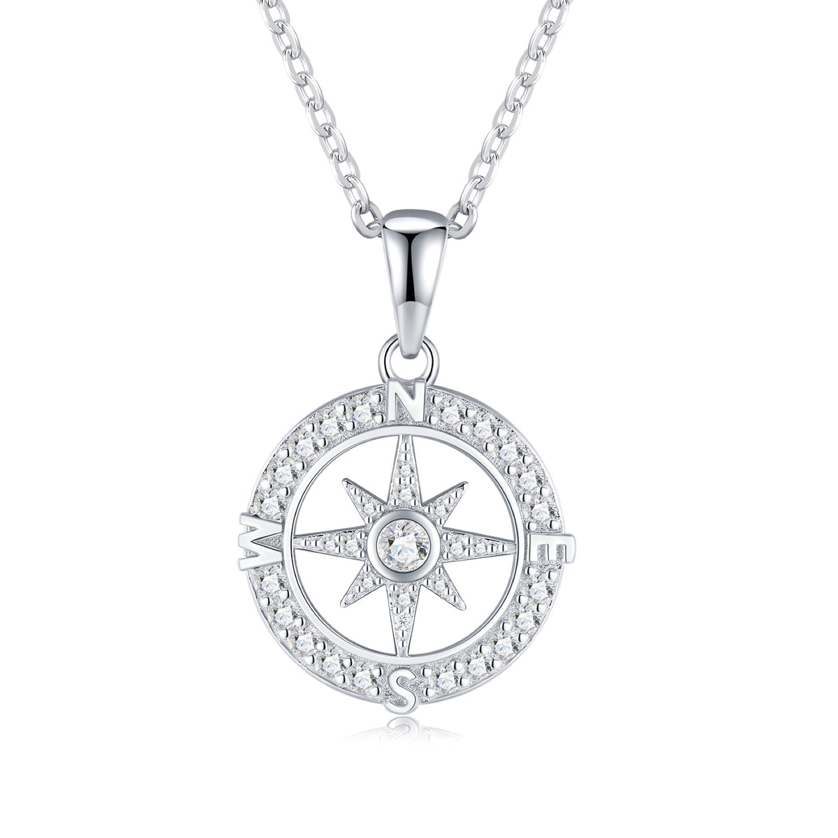 Compass Moissanite Compass Pendant Necklace in Sterling Silver