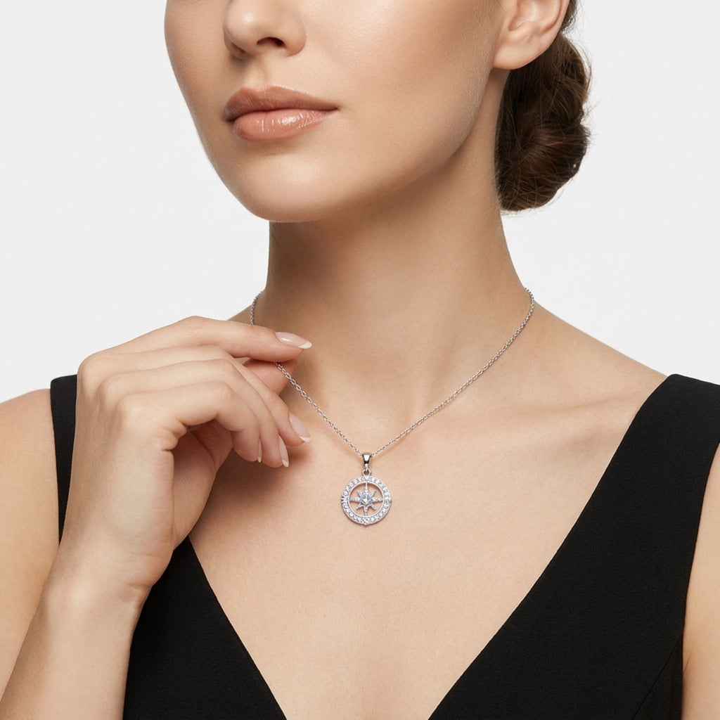Compass Moissanite Compass Pendant Necklace in Sterling Silver