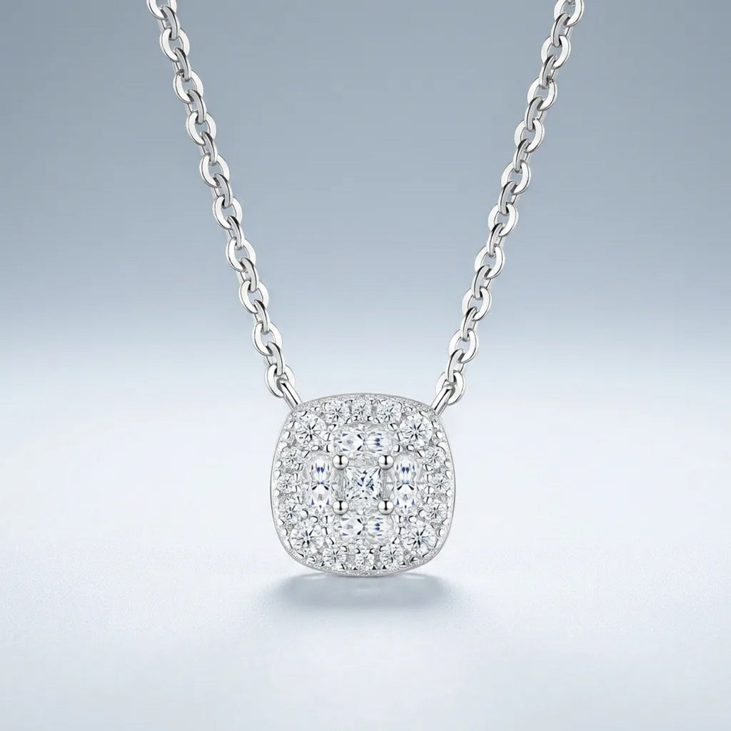 Sucre Moissanite Halo Pendant Necklace in Sterling Silver