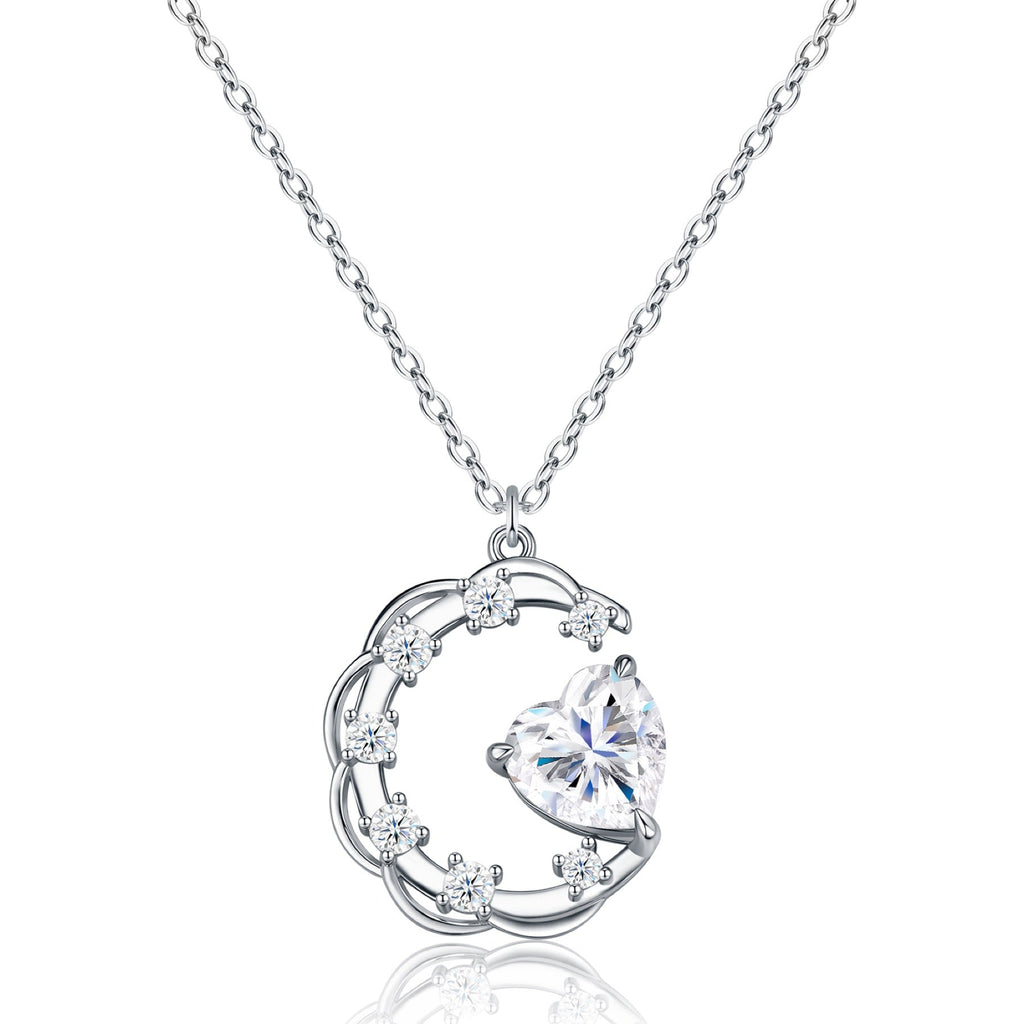 Lullaby Moissanite Moon Heart Necklace in Sterling Silver