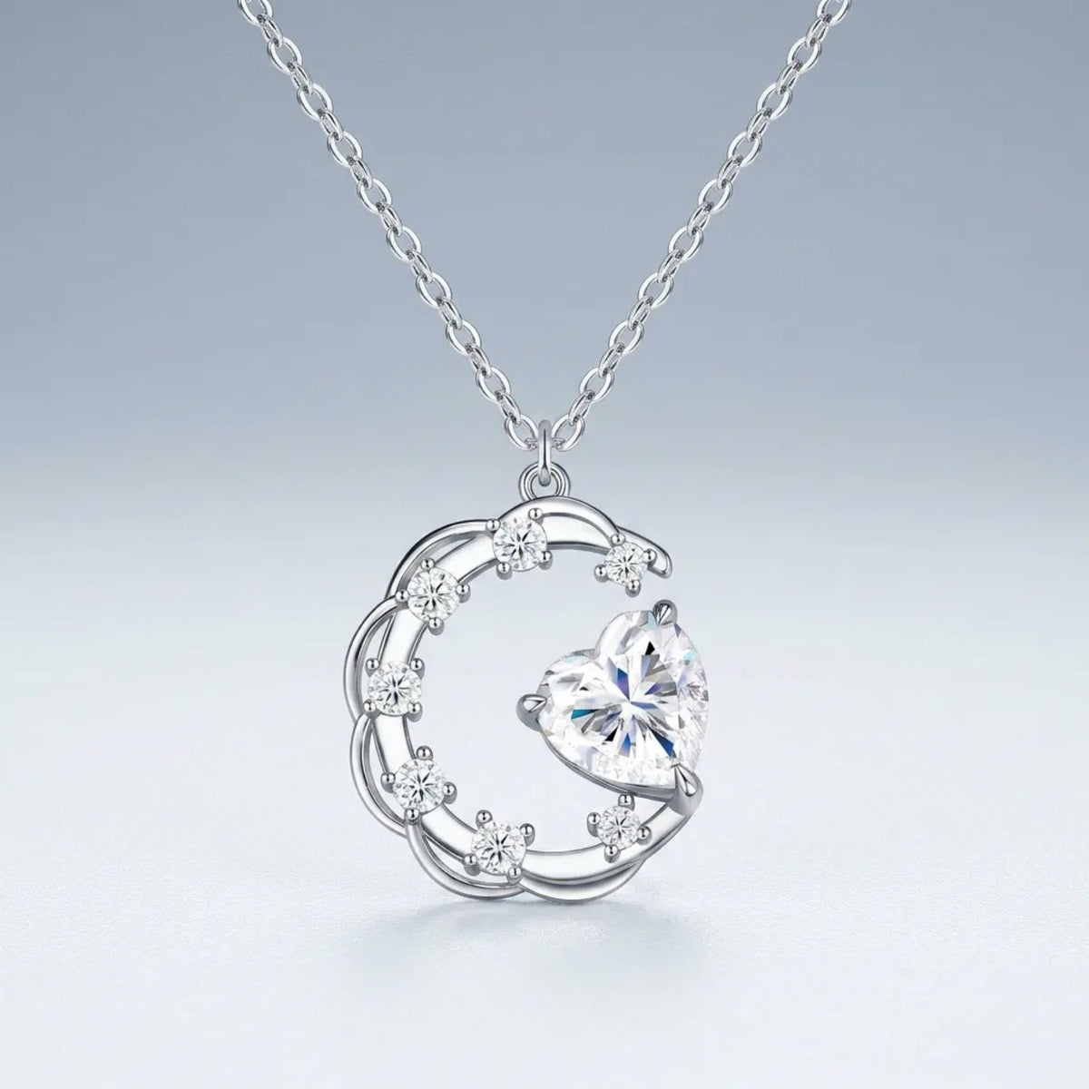 Lullaby Moissanite Moon Heart Necklace in Sterling Silver