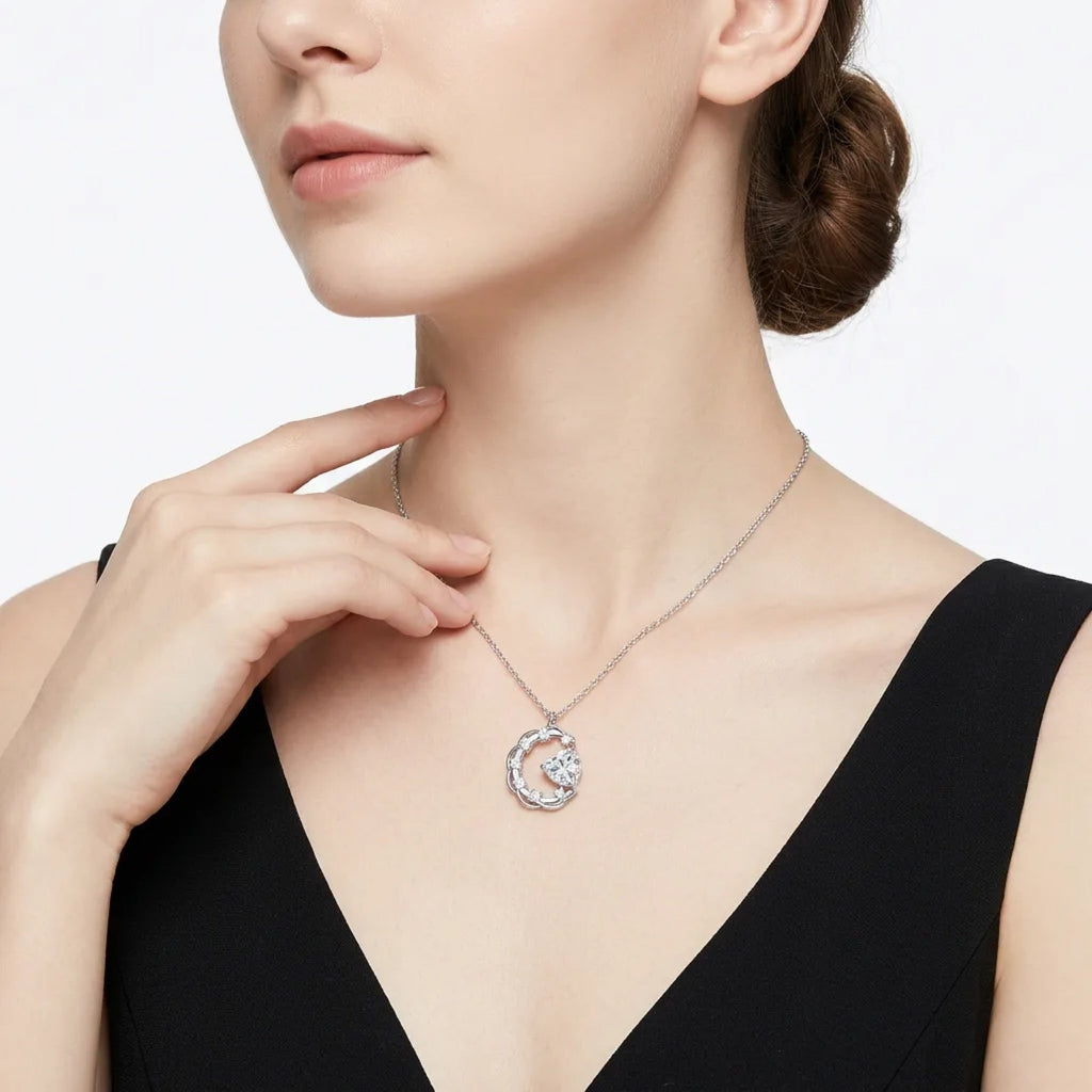 Lullaby Moissanite Moon Heart Necklace in Sterling Silver