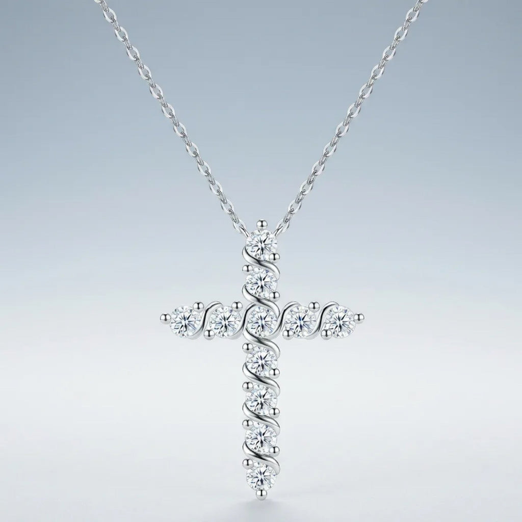 Vesper Moissanite Cross Necklace in Sterling Silver