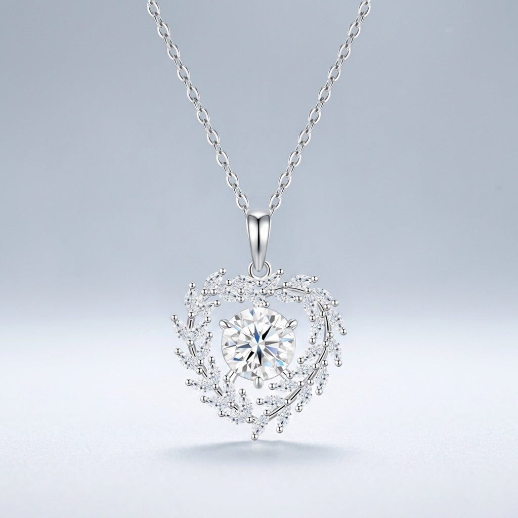 Garland 2 Carat Moissanite Heart Wreath Pendant Necklace in Sterling Silver