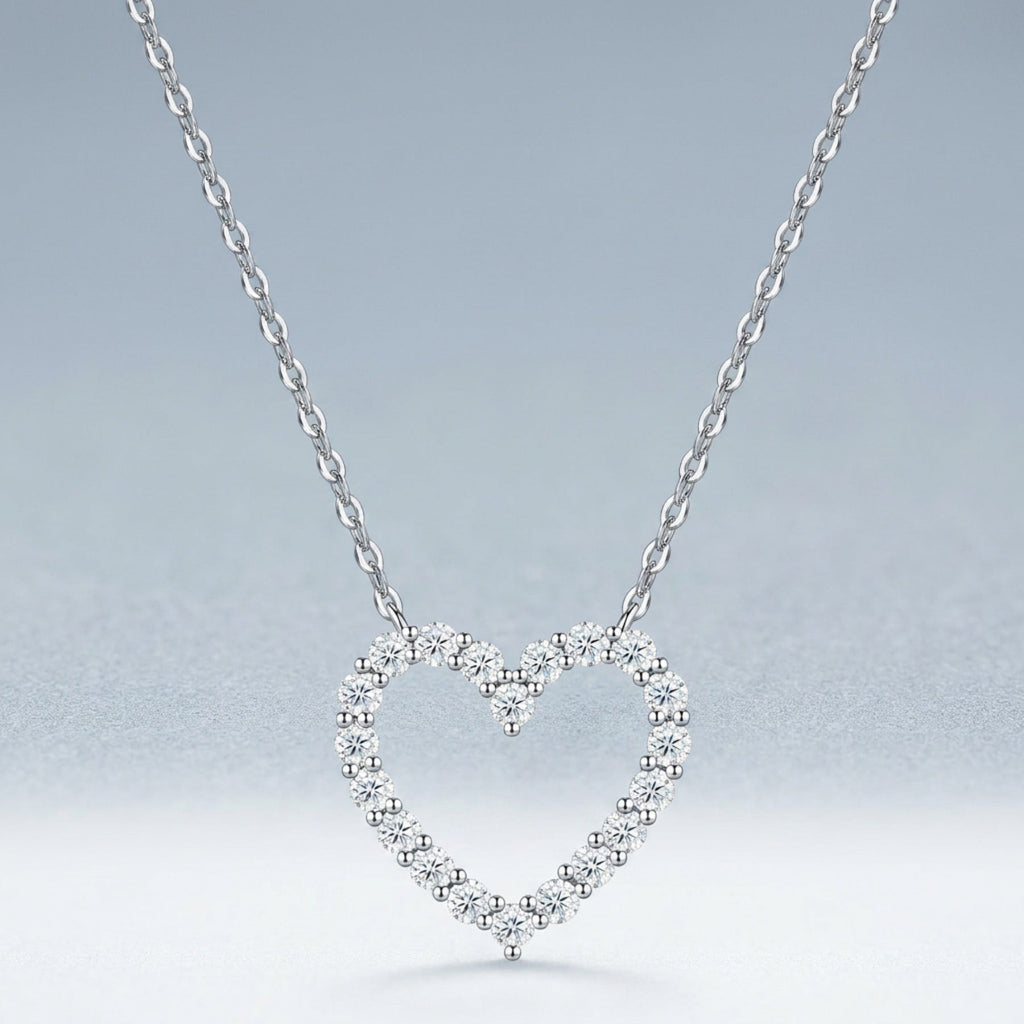 Dearest Moissanite Open Heart Necklace in Sterling Silver