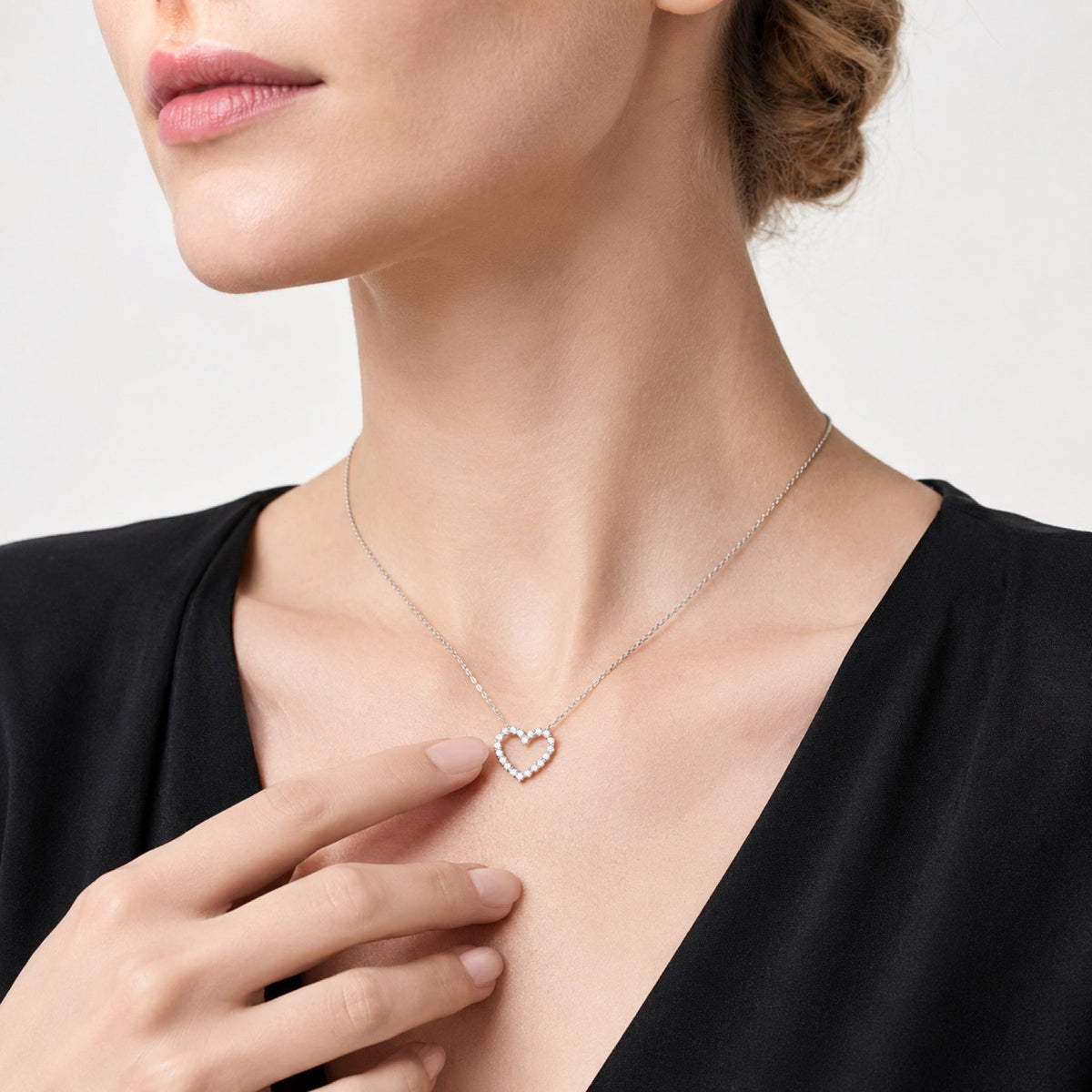 Dearest Moissanite Open Heart Necklace in Sterling Silver